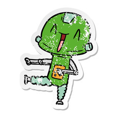 distressed sticker of a cartoon robot