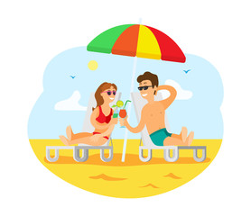 Couple relaxing by seaside together vector, summer vacation of people. Man and woman drinking cocktail laying under colorful umbrella on chaise longue