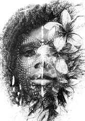 Paintography. Double exposure portrait of an african american man with face paint looking straight into the camera combined with hand made ink drawings with floral motifs, black and white