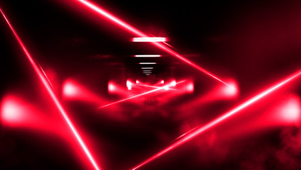 Abstract red, pink background with neon lights, metal construction, tunnel, corridor, neon lights, red laser lights, smoke. Light pyramid, triangle. 3D illustration