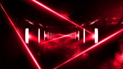 Abstract red, pink background with neon lights, metal construction, tunnel, corridor, neon lights, red laser lights, smoke. Light pyramid, triangle. 3D illustration