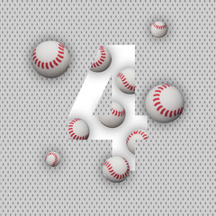 4 number four, graphic white digit and creative typography with white balls on white background. Baseball balls. Baseball World Cup.