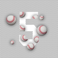 5 number five, graphic white digit and creative typography with white balls on white background. Baseball balls. Baseball World Cup.
