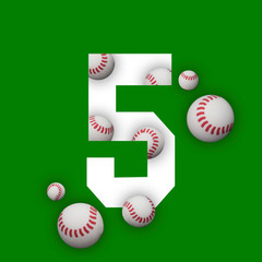 5 number five, graphic white digit and creative typography with white balls on green background. Baseball balls. Baseball World Cup.