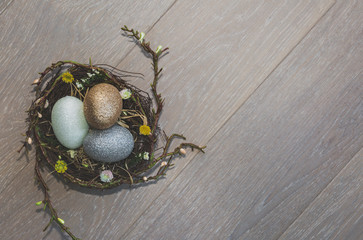 Easter Egg Woodland Nests, Wooden Background