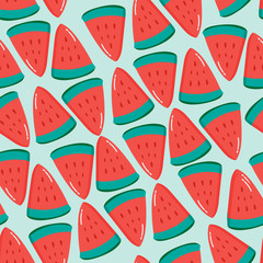 Fruity seamless vector pattern with watercolor paint textured watermelon pieces. Striped background.