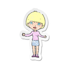 retro distressed sticker of a cartoon woman shrugging