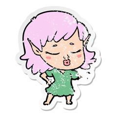 distressed sticker of a pretty cartoon elf girl