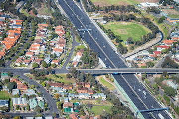 Aerial view of Melbourne main interstate road and overpass
