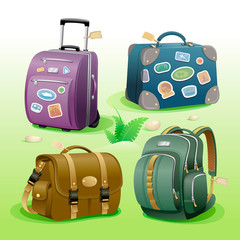 Traveling bags signs set, illustration with suitcase, bag, briefcase and backpack
