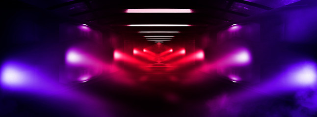 Abstract red, pink background with neon lights, metal construction, tunnel, corridor, neon lights, red laser lights, smoke. Light pyramid, triangle. 3D illustration