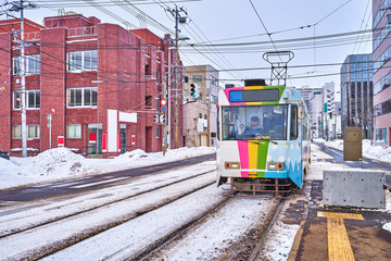 Train tram transportation around inside Hakodate city in Hokkaido, Japan.