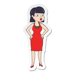 sticker of a cartoon woman in dress with hands on hips