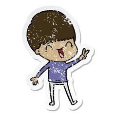 distressed sticker of a happy cartoon boy