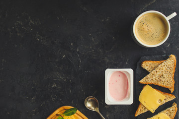 breakfast or snack (coffee, yogurt, cheese, sandwiches, cornflakes and more). Food background