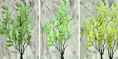 Collection of designer oil paintings. Decoration for the interior. Modern abstract art on canvas. Green branches on an abstract background.