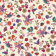 Seamless pattern with Flowers, Acorns, Pumpkins and Birds