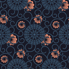 seamless vector dark pattern with ornamented circles and flourish. seamless template in swatch panel