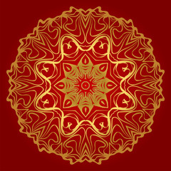 Round Floral Ornament Mandala. Vector Illustration.. For Home Decor, Interior Design, Coloring Book, Greeting Card, Invitation, Tattoo. Anti-Stress Therapy Pattern. Red, gold color