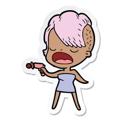 sticker of a cartoon cool hipster girl talking