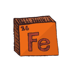 Vector three-dimensional hand drawn chemical symbol of iron or ferrum with an abbreviation Fe from the periodic table of the elements isolated on a white background.