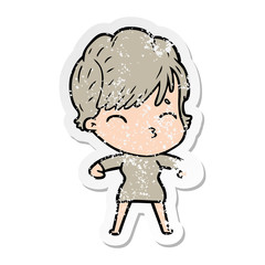 distressed sticker of a cartoon woman thinking