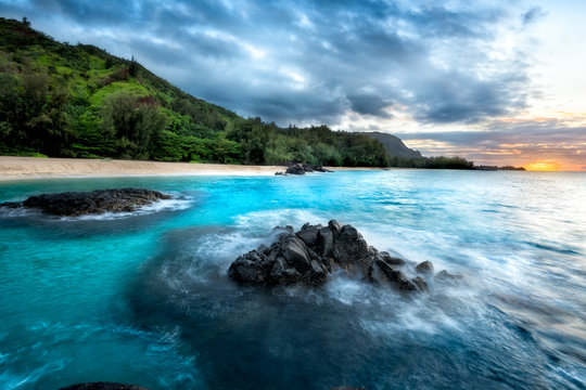 Dramatic Sunset at Secret Beach, Kauai, Hawaii