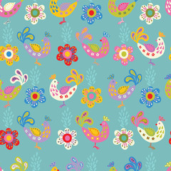 seamless folk art pattern with flowers and birds