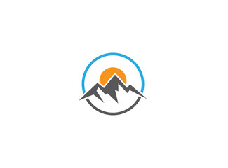 Big mountains with sun up and ice-snow in a circle for logo design