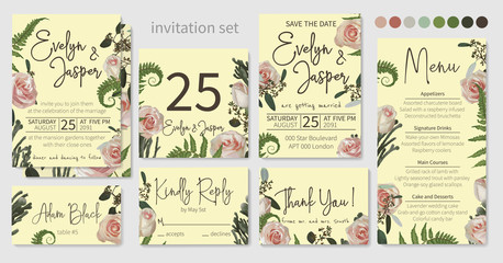 Wedding invitations set, floral invitations, table, note, menu, thank you, rsvp card design. Pink rose flowers, Blooming eucalyptus, fern, brunia. Vector watercolor rustic pattern, template