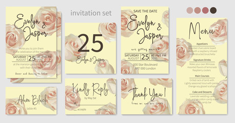 Wedding invitations set, floral invitations, table, note, menu, thank you, rsvp card design. Pink rose flowers. Vector elegant watercolor pattern, template