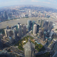 Wide angle aerial photo of modern Shanghai city