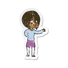 retro distressed sticker of a cartoon woman making welcome gesture