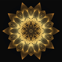 Vector Round Abstract Mandala Style Decorative Element. Hand-Drawn Vector Illustration. Can Be Used For Textile, Greeting Card, Coloring Book, Phone Case Print. Luxury black gold color