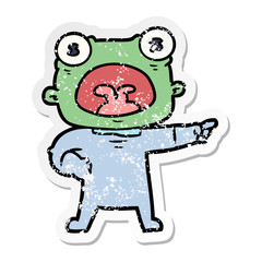 distressed sticker of a cartoon weird alien shouting