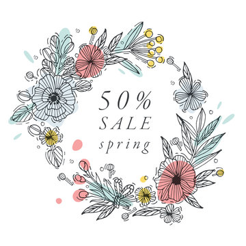 Vector hand draw flowers design for spring sale card colorful color. Typography and icon for special sale offer background, banners or posters and other printables.