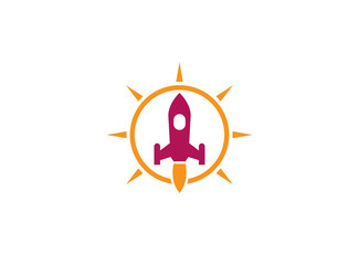 The launch of a rocket with a flame inside bright sun circle for logo design illustration