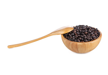 Coffee beans in wooden cup  on white background