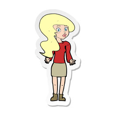sticker of a cartoon woman shrugging shoulders