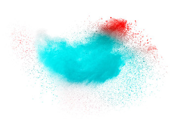 Abstract blue red dust explosion on white background. Freeze motion of blue red particles splashing. Painted Holi in festival.