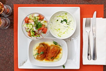 cabbage rolls salad and soup