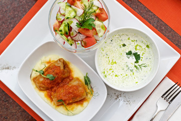 cabbage rolls salad and soup