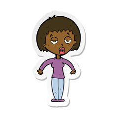 sticker of a cartoon woman shrugging shoulders
