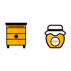 cartoon jar with honey and label and beehouse vector