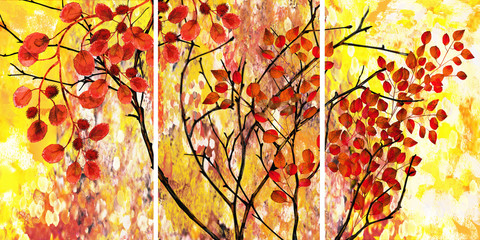Designer oil painting. Decoration for the interior. Modern abstract art on canvas. Set of pictures with different textures and colors. Tree with red leaves. - 251606209
