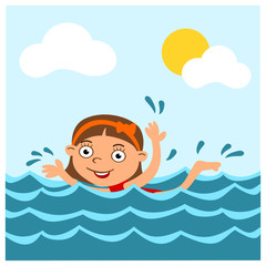 Obraz na płótnie Canvas Little funny girl in cartoon style swims in the sea in summer