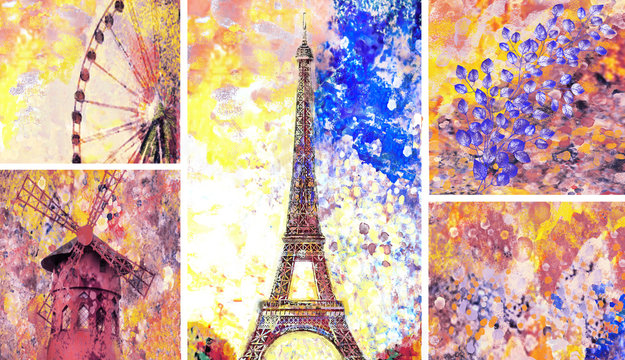 Designer oil painting. Decoration for the interior. Modern abstract art on canvas. Set of pictures with different textures and colors. Paris, Eiffel tower.