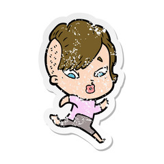 distressed sticker of a cartoon surprised girl in science fiction clothes