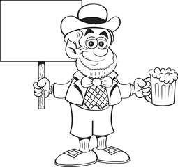 Black and white illustration of a leprechaun holding a beer and a sign.