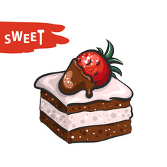 Sweet Cake With Straberry Hand Drawn Illustration